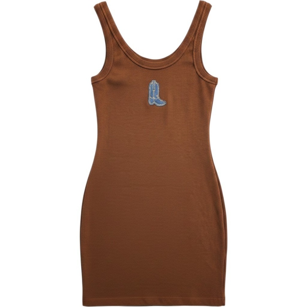 Brown Ribbed Knit Mini Dress Cowboy Boot Patch Small
